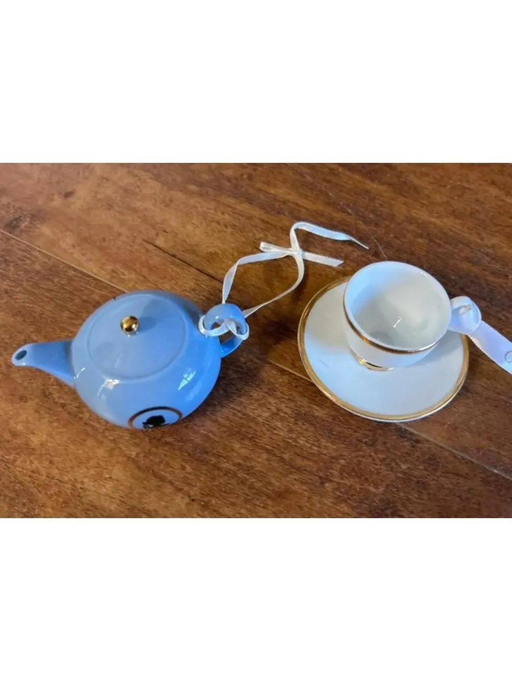 Wedgewood Miniature Porcelain Teapot and Teacup Ornament Set with Gold Trim